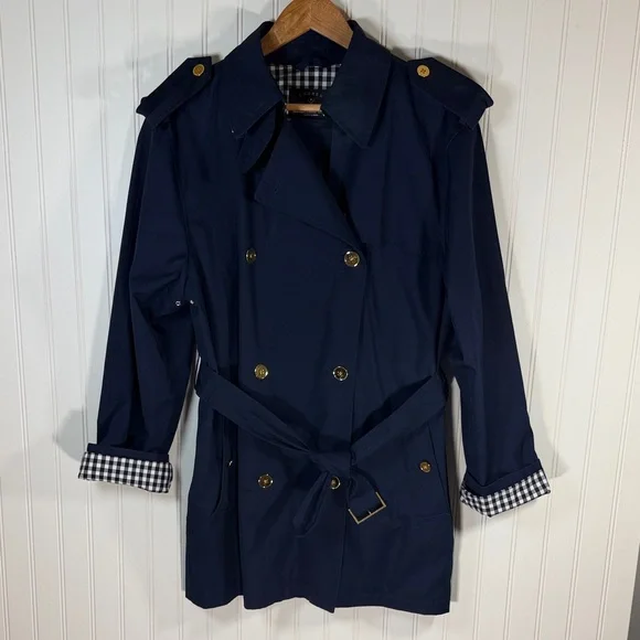 Lauren Ralph Lauren Navy Double-Breasted Belted Trench Coat Checkered Lining L - Picture 2 of 16